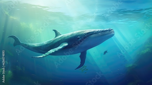 a blue whale swimming in a green ocean