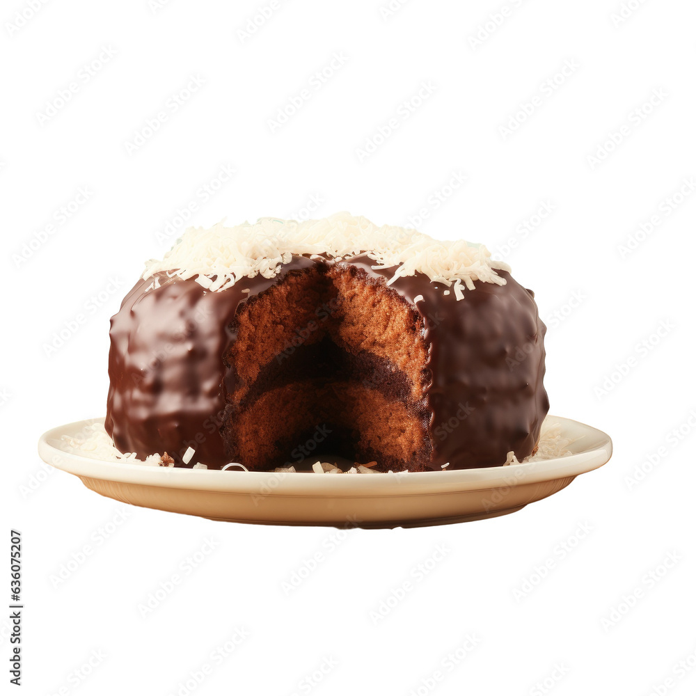 Chocolate cake with coconut balls and sale sign on table Chocolate cake with coconut balls and sale sign on table
