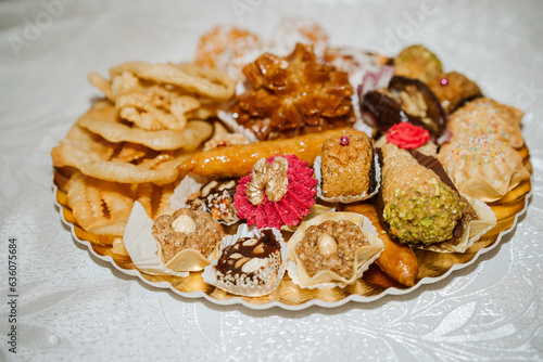 Fresh Moroccan Cookies on a Plate for Holidays Mimouna. photo