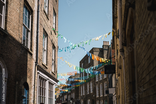 A street in Cambridge festooned with bunting