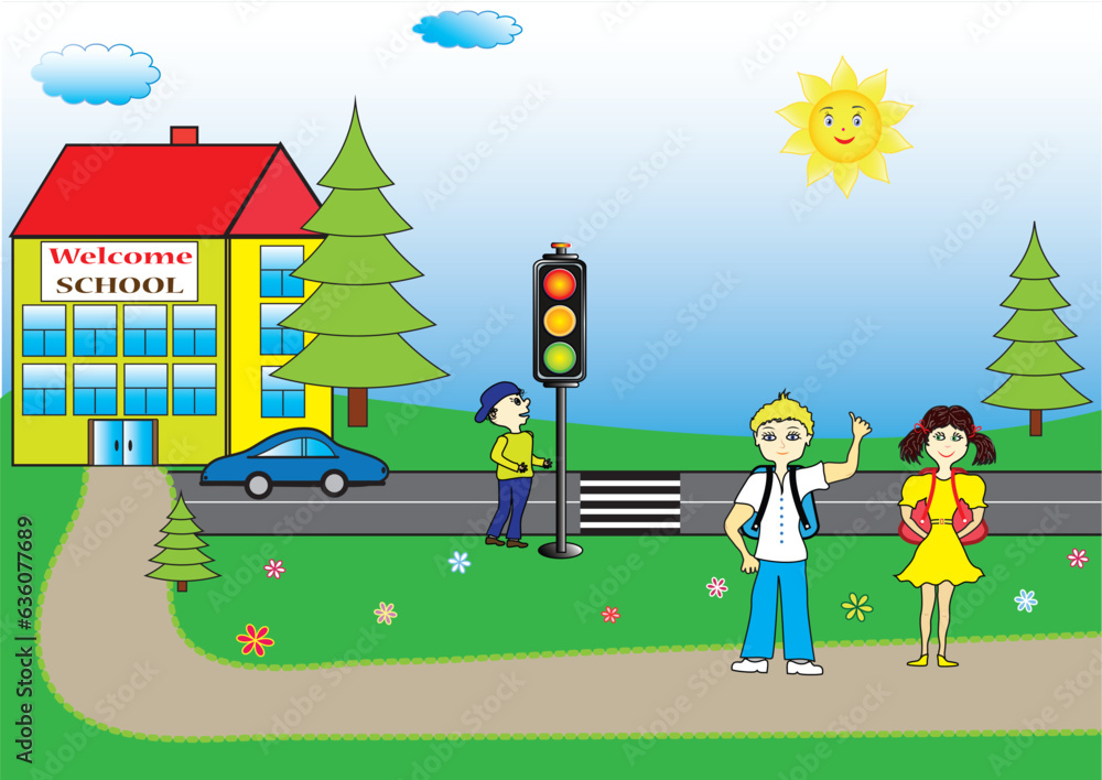 School children, new school year, school and traffic light. Cartoon vector illustration of happy pupils, with the theme of school and road safety. 1st September.