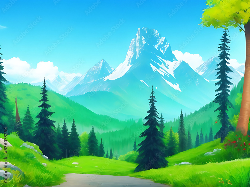 Fototapeta premium Nature outdoor forest mountain adventure illustration background