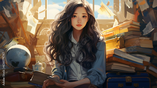 Smutna nastolatka wśród stosu książek - powrót do szkoły