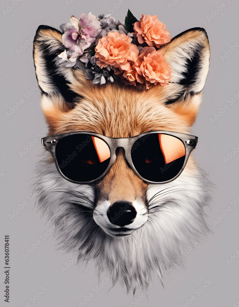 Beautiful cool fox portrait in sunglasses with flowers on head Beautiful cool fox portrait in sunglasses with flowers on head
