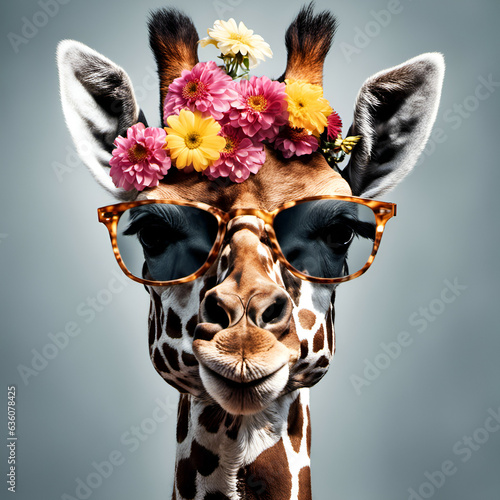 Beautiful cool giraffe portrait in sunglasses with flowers on head