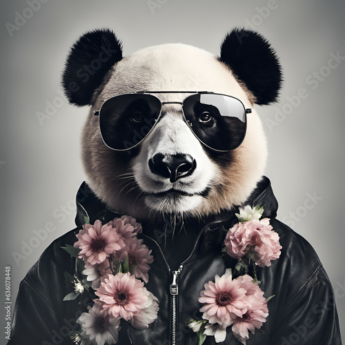 Beautiful cool panda bear portrait in sunglasses with flowers