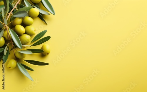 Background olive branch on a green background. green olives. olive oil. green banner. copy space. generative ai