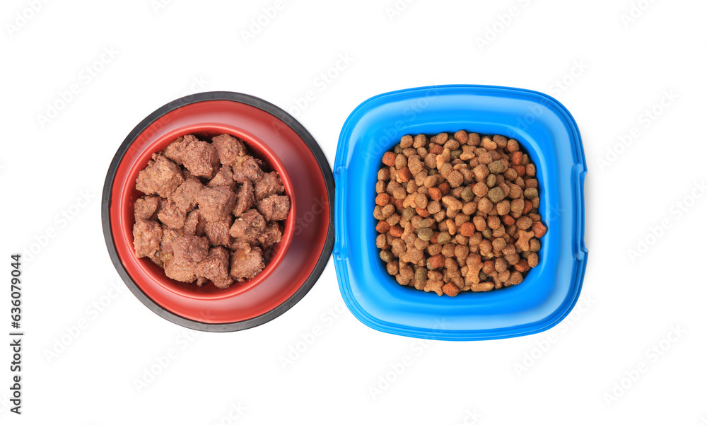 Dry and wet pet food in feeding bowls isolated on white, top view Dry and wet pet food in feeding bowls isolated on white, top view
