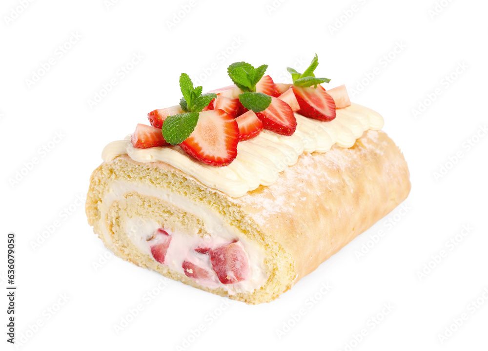 Delicious cake roll with strawberries and mint isolated on white Delicious cake roll with strawberries and mint isolated on white