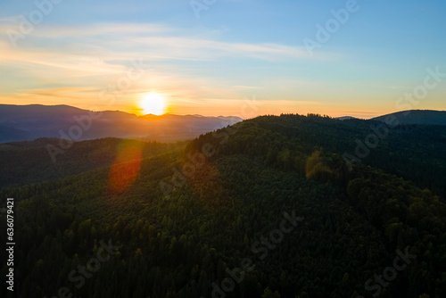 Aerial view of foggy evening over high peaks with dark pine forest trees at bright sunset. Amazing scenery of wild mountain woodland at dusk