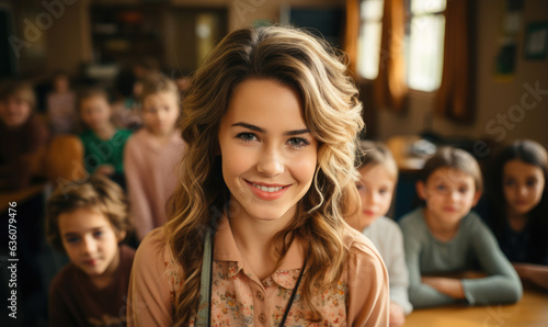Pretty smiling female teacher looking at camera, kids on background in classroom at the elementary school. Back to school