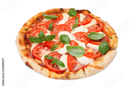 Delicious Caprese pizza with tomatoes, mozzarella and basil isolated on white