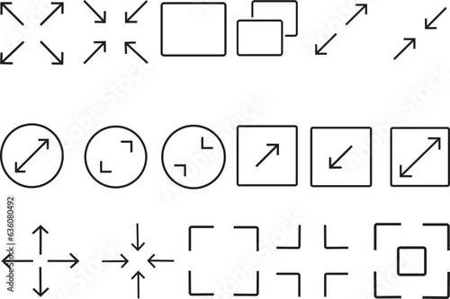 Full screen black icons. Set of full screen and exit full screen icon. Arrow mark icons. Scalability icons in flat style for web site, UI, mobile app, isolated on white background.