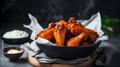 Delicious Buffalo Wings and Blue Cheese Dressing Food Combination Photorealistic Horizontal Illustration. Spicy American Meal. Ai Generated bright Illustration with Delicious Aromatic Buffalo Wings.