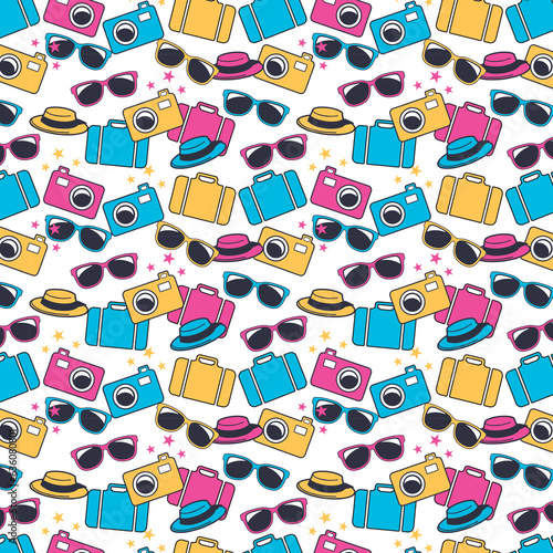 Summer Vacation Travel Items Suitcase Sunglasses Hat Camera Seamless Allover Pattern Design Artwork