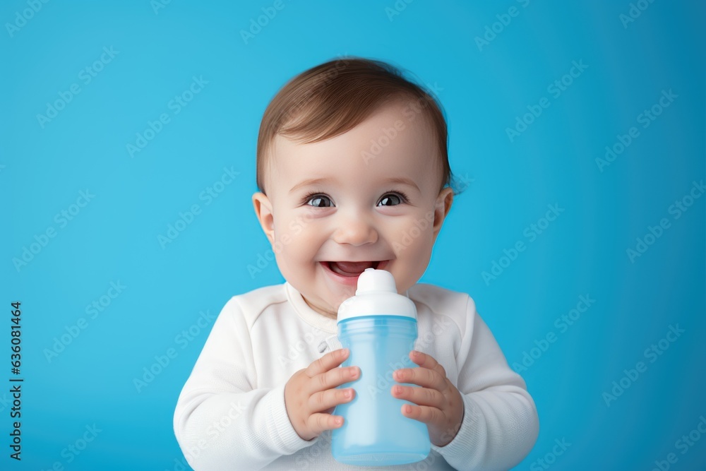 cute happy little baby holding a feeding bottle with milk and smiling. Milk formula for babies cute happy little baby holding a feeding bottle with milk and smiling. Milk formula for babies