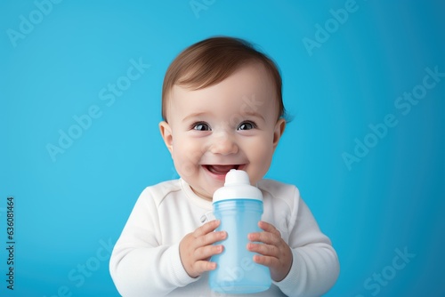 cute happy little baby holding a feeding bottle with milk and smiling. Milk formula for babies