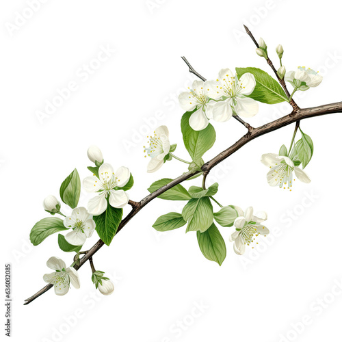 Young green leaves and blooming flowers on a pear tree branch isolated on transparent background