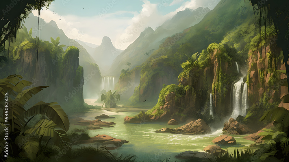 美しい熱帯の滝と静かな川 No.002 | Breathtaking Tropical Waterfall and Serene River Generative AI - obrazy, fototapety, plakaty 