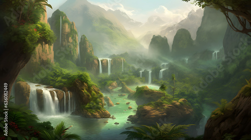 美しい熱帯の滝と静かな川 No.019 | Breathtaking Tropical Waterfall and Serene River Generative AI