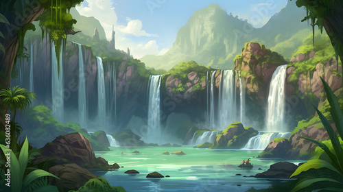                                      No.010   Breathtaking Tropical Waterfall and Serene River Generative AI