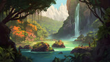 美しい熱帯の滝と静かな川 No.037 | Breathtaking Tropical Waterfall and Serene River Generative AI