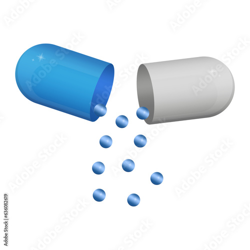 Open blue capsule pill with medicine leaking. Vector illustration. EPS 10.