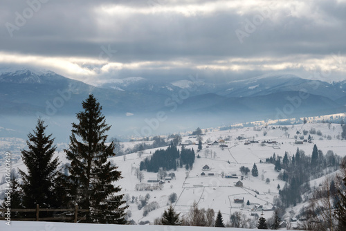 Winter landscape with dark spruse trees of snow covered forest in cold mountains