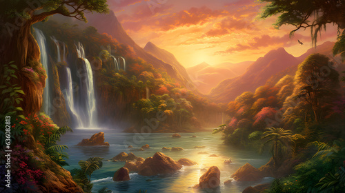 夕日に輝く熱帯の滝と静かな川 No.019 | Tropical Waterfall in the Radiant Sunset Generative AI