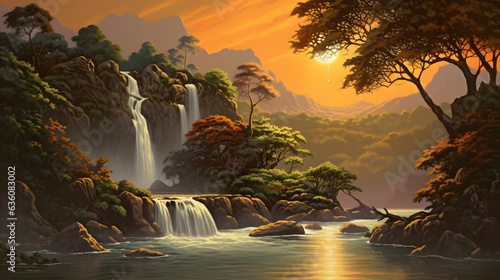 夕日に輝く熱帯の滝と静かな川 No.040 | Tropical Waterfall in the Radiant Sunset Generative AI