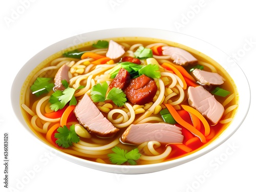 asian noodles with pork and vegetables isolated on white background