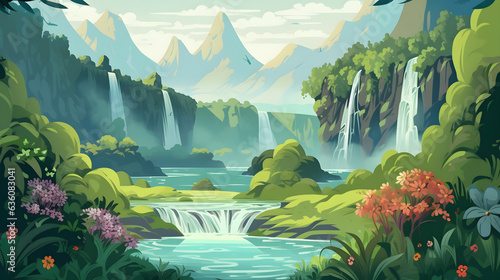 美しい熱帯の滝と静かな川 No.008 | Breathtaking Tropical Waterfall and Serene River Generative AI