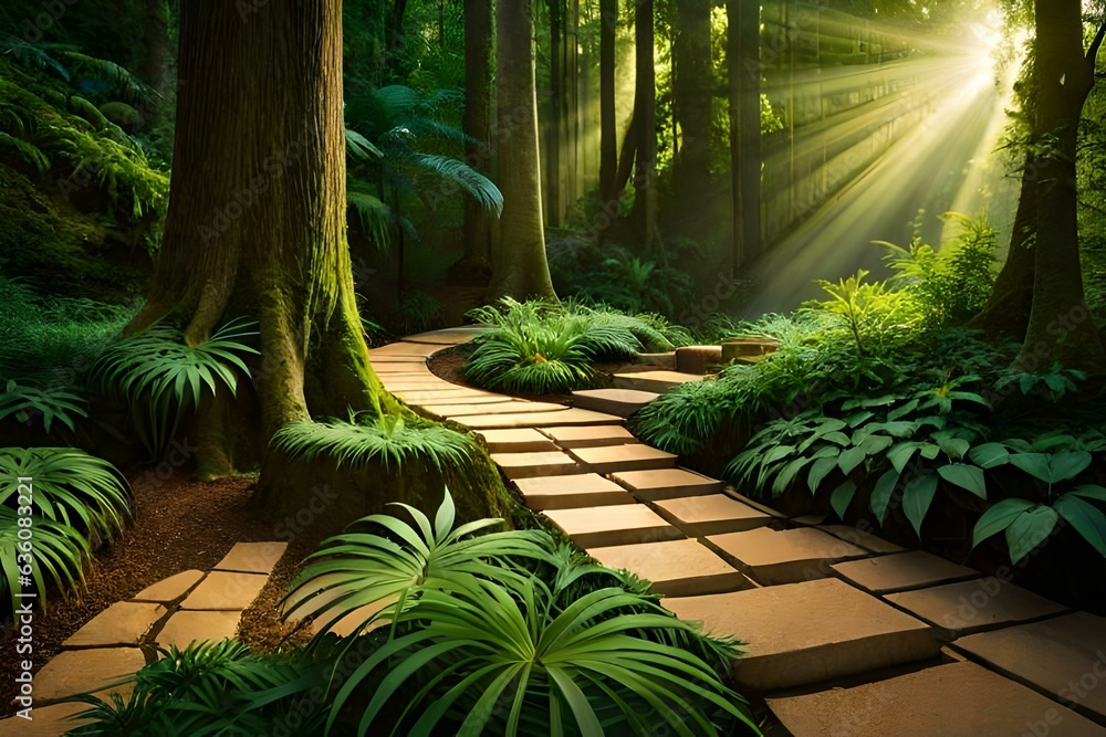 Fototapeta premium A rustic wooden path winds its way through a lush forest, leading towards a magnificent waterfall - AI Generative