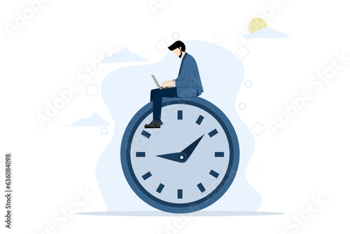 concept of overtime work or different working hours, after hours worker, confident businessman using laptop computer sitting at working hours at night with colleagues in other countries.