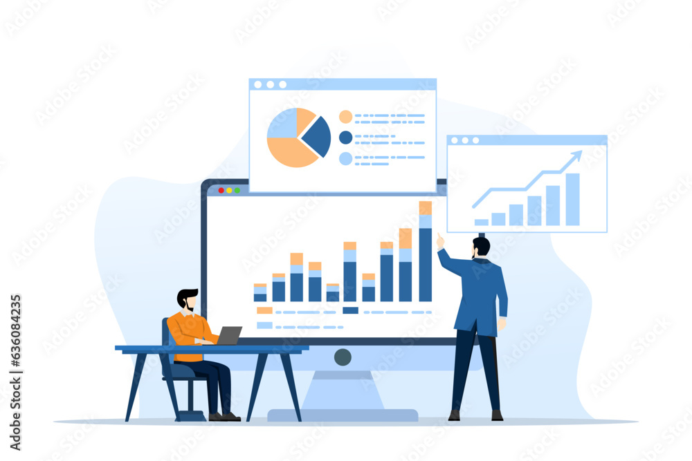 analytics and monitoring concept, business team on web reporting dashboard monitoring, and data analytics research for business financial planning. flat vector illustration design on white background. - obrazy, fototapety, plakaty 