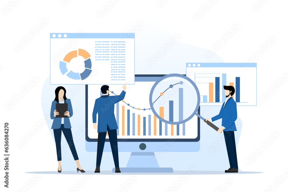 analytics and monitoring concept, business team on web reporting dashboard monitoring, and data analytics research for business financial planning. flat vector illustration design on white background. analytics and monitoring concept, business team on web reporting dashboard monitoring, and data analytics research for business financial planning. flat vector illustration design on white background.
