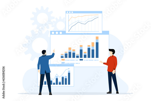 business data analytics research concept and Data Scientist team meeting. with business people working together on report graph dashboard monitor. and financial investment planning concept, vector.