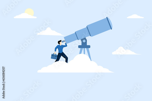 Concept of seeing business opportunity, leadership vision to see company strategy to achieve target, smart businessman driving telescope holding high cloud or binoculars looking for visionary business