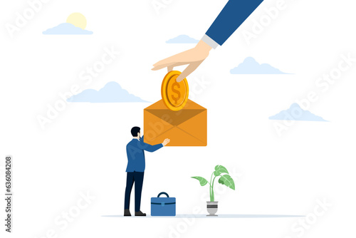 Salary deduction concept. Payment of salary or compensation. Employee salary. lowest wage offer. Adjust the minimum wage rate. Male hand in formal wear holding money coin in finger. illustration.