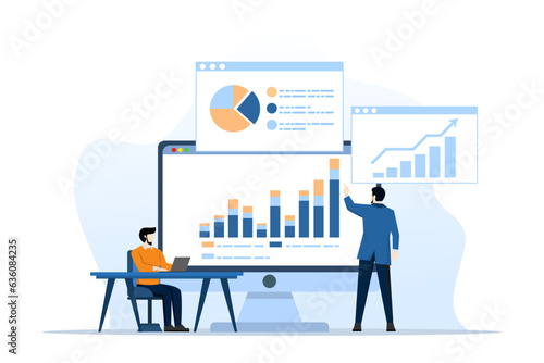analytics and monitoring concept, business team on web reporting dashboard monitoring, and data analytics research for business financial planning. flat vector illustration design on white background.