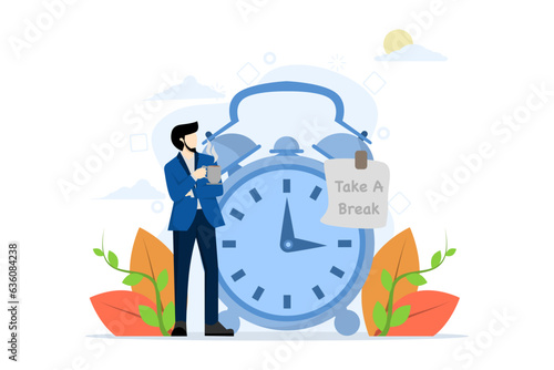 time to rest concept, coffee break time to relax and refresh from long stress intervals, free from boredom, sleepy and tired, businessman relaxing with cup of coffee or tea with clock.