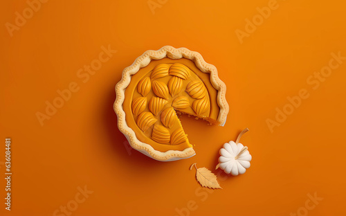Thanksgiving pumpkin pie. The pie is decorated with pastry. Thanksgiving day lettering. Generated AI photo