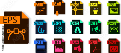 Illustrator file format collection. FXG, AI,EPS, PDF, AIT, SVG, PNG, JPG, EMF, TGA, TIFF, TXT, WMF, PCT, DXF, DWG. File type vector and icons.