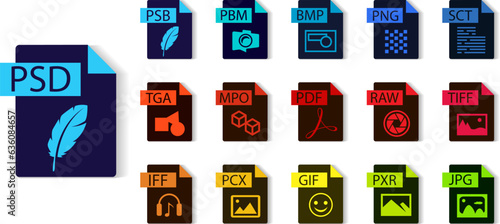 Photoshop file format collection. PSD, PSB, RAW, PBM, TIFF, BMP, IFF, PNG, JPG, GIF, PDF, SCT, PXR, MPO, TGA, PCX. File type vector and icons.