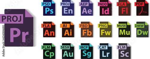 All collection of adobe file formats, PROJ, PSD, AEP, INDD, FLA, PDF, AI, FBD, PNG MUSE, DMW, FLM, SESX, IRCP, CAT, File type vector and icons.