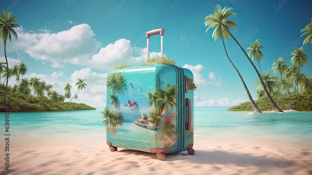 baggage travel. Blue suitcase with travel accessories such as sunglasses, hat and camera on light blue background. - obrazy, fototapety, plakaty 
