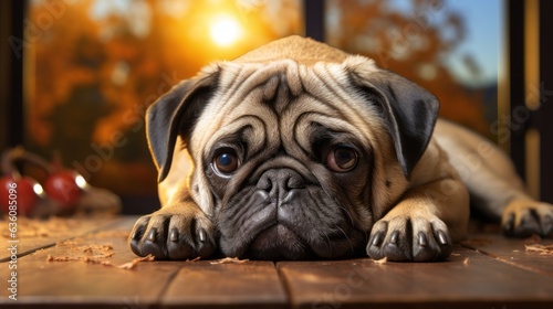 An adorable pug laying on a wooden floor, with a tired, sad face. Generative AI.  © Elle Arden 