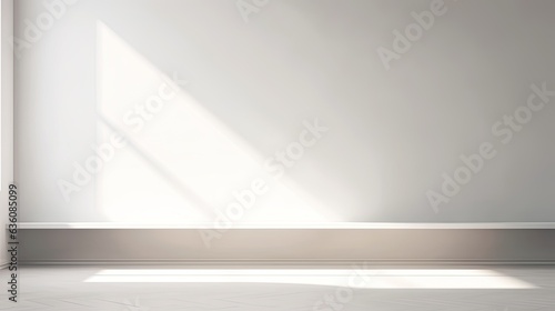 abstract. minimalistic background for product presentation. walls in large empty room greyish white. can full of sunlight. Loft wall or minimalist wall. Shadow, light from windows to plaster wall.