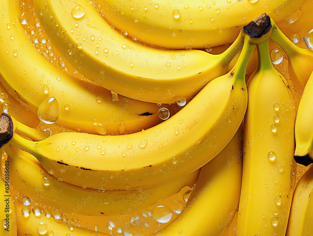 Bunch of bananas with water drops on it. Close up. By AI