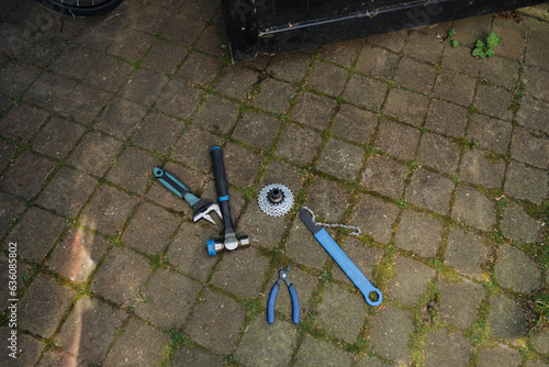 Set of tools lies in the backyard photo